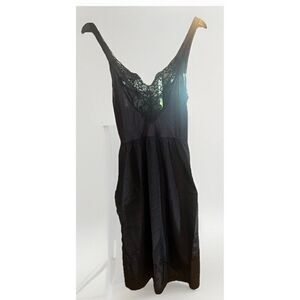 OLGA Womens Midi Slip Dress 36 Black Lace Satin Nightgown Negligee VTG 1970s. Ff